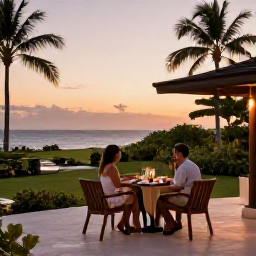 Caribbean Holidays, Dominican Republic April, Elegant adults-only resort terrace in the Dominican Republic at sunset, couples dining outdoors with tropical gardens and soft evening light