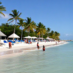 Caribbean Holidays, Dominican Republic April, Families enjoying a safe shallow Caribbean beach with sun loungers and palm trees in the Dominican Republic