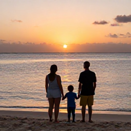 Caribbean Holidays, Dominican Republic April, Parents and children watching the sunset over a calm Dominican Republic beach