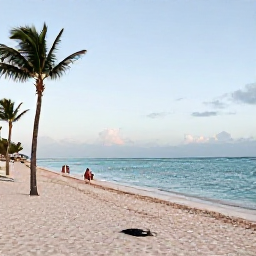 Caribbean Holidays, Dominican Republic April, Quiet white-sand beach in Punta Cana, Dominican Republic, with palm trees, calm turquoise water and adults enjoying a peaceful April morning