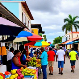 Caribbean Holidays, Dominican Republic April, Visitors exploring a colourful Dominican Republic market with tropical fruit, local crafts, friendly atmosphere and colonial-style buildings