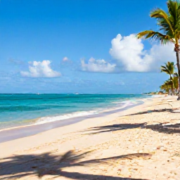 Caribbean Holidays, Dominican Republic April, Wide golden beach in Punta Cana, Dominican Republic, in April sunshine with calm turquoise sea and a few palm trees