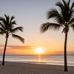 Caribbean Holidays, Dominican Republic August, Golden sunset over a calm Caribbean beach with palm trees at a Dominican Republic all-inclusive resort