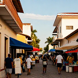 Caribbean Holidays, Dominican Republic August, Travellers exploring a lively Dominican Republic market and historic Caribbean street in warm August weather