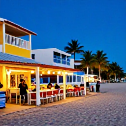 Caribbean Holidays, Dominican Republic Beaches, A colourful Dominican Republic beach resort with a waterfront restaurant, local music and visitors enjoying an evening in the warm July air