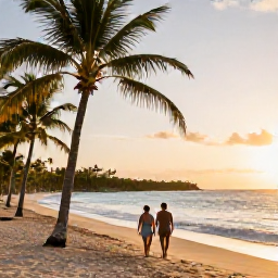 Caribbean Holidays, Dominican Republic Beaches, A couple walking along a palm-fringed Dominican Republic beach at sunset, with golden light over the sea and a relaxed holiday atmosphere