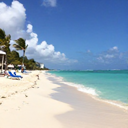 Caribbean Holidays, Dominican Republic Beaches, A wide white-sand beach in Punta Cana, Dominican Republic, with turquoise Caribbean water, palm trees and a few sun loungers under a bright July sky