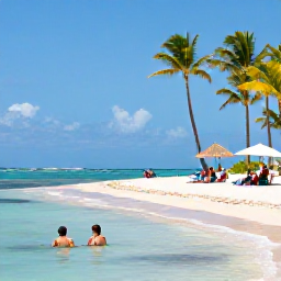 Caribbean Holidays, Dominican Republic Beaches, Travellers relaxing on a calm Dominican Republic beach in July, with a couple swimming in clear water and others enjoying shade beneath tall coconut palms