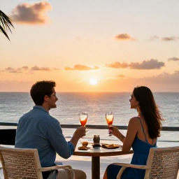 Caribbean Holidays, Dominican Republic Business Class, Business class couple enjoying a sunset drink on a Dominican Republic resort terrace overlooking the sea