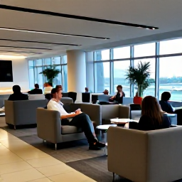 Caribbean Holidays, Dominican Republic Business Class, Business class passengers relaxing in a modern airport lounge before a flight to the Dominican Republic