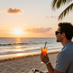 Caribbean Holidays, Dominican Republic Business Class, Business class traveller enjoying a sunset drink beside a Dominican Republic beach resort
