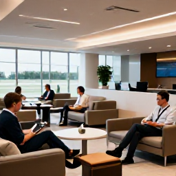Caribbean Holidays, Dominican Republic Business Class, Business class travellers relaxing in a modern airport lounge before a flight to the Dominican Republic