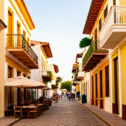 Caribbean Holidays, Dominican Republic Business Class, Colourful colonial street in Santo Domingo with historic buildings, caf&eacute;s and pedestrians in warm April sunshine