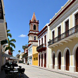 Caribbean Holidays, Dominican Republic Business Class, Colourful colonial street in Santo Domingo with historic buildings, palm trees and outdoor caf&eacute;s