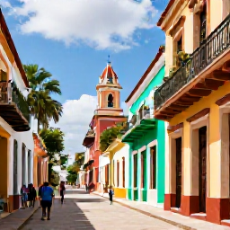 Caribbean Holidays, Dominican Republic Business Class, Colourful historic street in Santo Domingo, Dominican Republic, with colonial buildings and visitors exploring