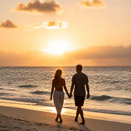 Caribbean Holidays, Dominican Republic Business Class, Couple enjoying a sunset walk beside a Caribbean beach in the Dominican Republic