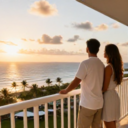 Caribbean Holidays, Dominican Republic Business Class, Couple watching a Caribbean sunset from a Dominican Republic hotel balcony after a business class holiday flight