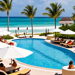 Caribbean Holidays, Dominican Republic Business Class, Elegant beachfront resort with palm trees, swimming pool and guests enjoying a sunny March afternoon in Punta Cana
