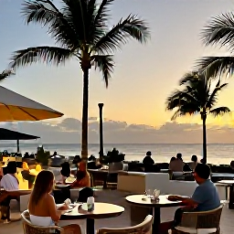 Caribbean Holidays, Dominican Republic Business Class, Elegant Dominican Republic beachfront resort at sunset with an outdoor restaurant, palm trees and guests enjoying a relaxed evening