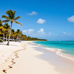 Caribbean Holidays, Dominican Republic Business Class, Golden sandy beach in Punta Cana, Dominican Republic, with turquoise water and palm trees in October sunshine