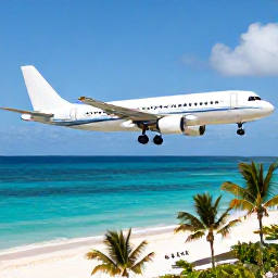 Caribbean Holidays, Dominican Republic Business Class, Modern business-class aircraft arriving over a bright Caribbean coastline in the Dominican Republic