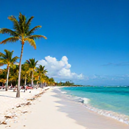 Caribbean Holidays, Dominican Republic Business Class, Palm-fringed white-sand beach and clear turquoise sea in Punta Cana, Dominican Republic, in March sunshine