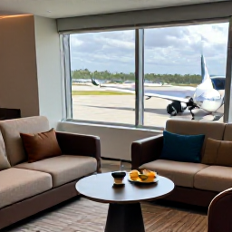 Caribbean Holidays, Dominican Republic Business Class, Quiet airport lounge with comfortable seating, refreshments and large windows overlooking aircraft