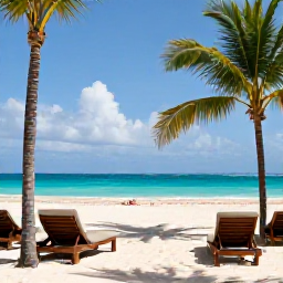 Caribbean Holidays, Dominican Republic Business Class, Sunny Punta Cana beach in April with turquoise water, palm trees and comfortable loungers