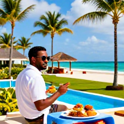 Caribbean Holidays, Dominican Republic Business Class, Traveller enjoying a colourful Dominican Republic resort with palm trees, local food and a relaxed atmosphere