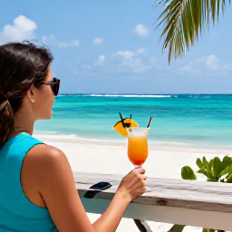 Caribbean Holidays, Dominican Republic Business Class, Traveller enjoying a stylish beachfront resort terrace with a cocktail and ocean view in the Dominican Republic