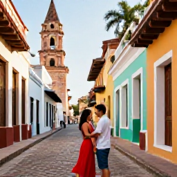 Caribbean Holidays, Dominican Republic Couples, A couple exploring the colourful colonial streets of Santo Domingo, Dominican Republic, with historic buildings and warm afternoon light