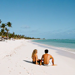 Caribbean Holidays, Dominican Republic Couples, A couple relaxing together on a wide white-sand beach in Punta Cana, Dominican Republic, with calm turquoise water and palm trees