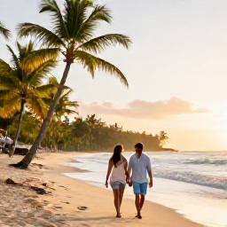 Caribbean Holidays, Dominican Republic Couples, A relaxed couple walking along a palm-fringed Caribbean beach in the Dominican Republic at sunrise