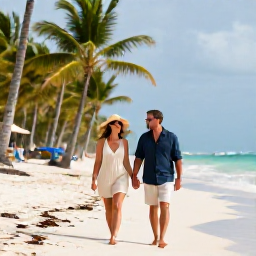 Caribbean Holidays, Dominican Republic Couples, A relaxed couple walking hand in hand along a palm-fringed beach in Punta Cana, Dominican Republic, in June