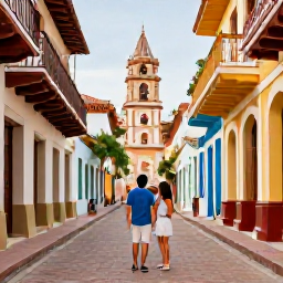 Caribbean Holidays, Dominican Republic Couples, Couple exploring colourful colonial street and historic architecture in Santo Domingo, Dominican Republic