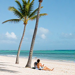 Caribbean Holidays, Dominican Republic Couples, Couple relaxing on a quiet white-sand beach beneath palm trees in Punta Cana, Dominican Republic
