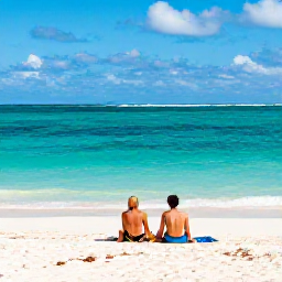 Caribbean Holidays, Dominican Republic Couples, Couple relaxing on a quiet white-sand beach beside turquoise water in Punta Cana