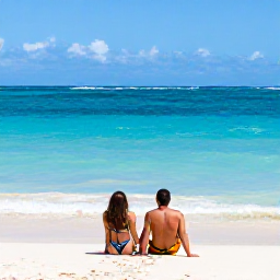 Caribbean Holidays, Dominican Republic Couples, Couple relaxing on a white sandy beach beside clear turquoise water in Punta Cana, Dominican Republic