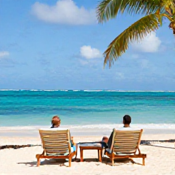 Caribbean Holidays, Dominican Republic Couples, Couple relaxing on loungers beside a turquoise Caribbean sea at a Dominican Republic resort, with palm trees and bright June sunlight