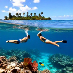 Caribbean Holidays, Dominican Republic Couples, Couple snorkelling in clear Caribbean water near a Dominican Republic reef, with colourful fish and a tropical island in the background