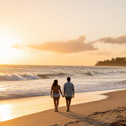 Caribbean Holidays, Dominican Republic Couples, Couple walking hand in hand along a peaceful Dominican Republic beach at sunset, with golden light and gently rolling waves