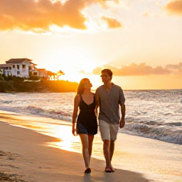 Caribbean Holidays, Dominican Republic Couples, Happy couple enjoying a sunset beach walk at a Dominican Republic resort in April