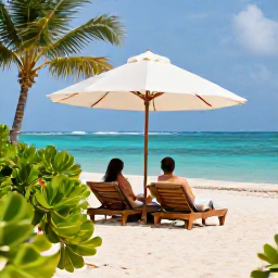 Caribbean Holidays, Dominican Republic Couples Holidays May, A couple relaxing on a Dominican Republic beach beneath a parasol, with tropical greenery and calm blue sea in the background
