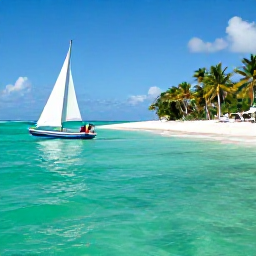 Caribbean Holidays, Dominican Republic Couples Holidays May, A couple sailing on clear turquoise water near Saona Island, with white sand, palm trees and bright Caribbean sunshine