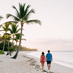 Caribbean Holidays, Dominican Republic Couples Holidays May, A couple walking along a quiet palm-fringed beach in Punta Cana, Dominican Republic, during a warm May morning