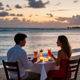 Caribbean Holidays, Dominican Republic Couples Holidays May, A romantic beachside dinner for two at sunset on a Dominican Republic beach, with candles, tropical drinks and gentle waves