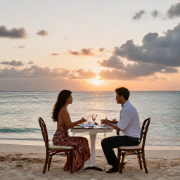 Caribbean Holidays, Dominican Republic Couples, Romantic beachfront dinner for two at sunset on a Dominican Republic resort beach