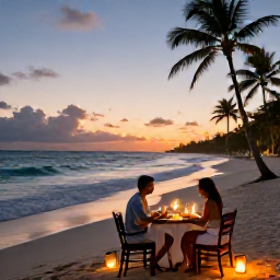 Caribbean Holidays, Dominican Republic Couples, Romantic beachfront dinner for two in the Dominican Republic at sunset, with lanterns, gentle waves and palm trees