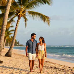 Caribbean Holidays, Dominican Republic Couples, Romantic couple walking along a palm-fringed beach in Punta Cana, Dominican Republic, warm October sunshine