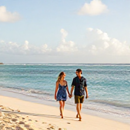 Caribbean Holidays, Dominican Republic Couples, Romantic couple walking hand in hand along a calm Caribbean beach in Punta Cana, Dominican Republic, warm April sunshine